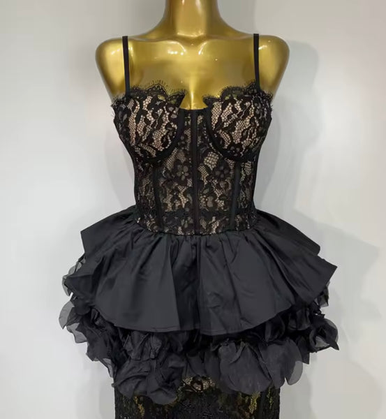 Women Black Sleeveless Sexy Lace Ruffled Maxi Dress