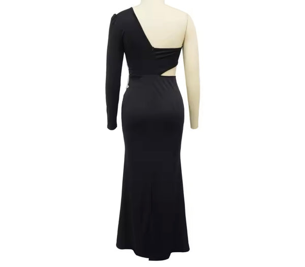 Women Black Sexy Floral Cut Out One Shoulder Maxi Dress