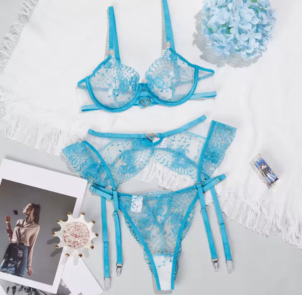 Women Sexy Blue Ruffle Lace Mesh Lingerie Set