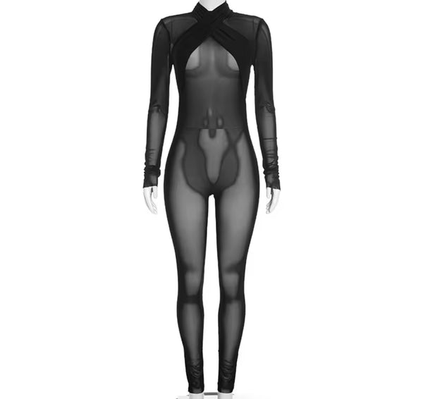 Women Sexy Black See Through Mesh Full Sleeve Jumpsuit