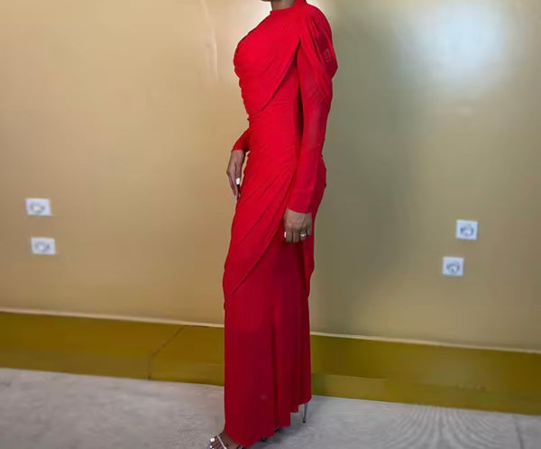 Women Red Sexy Ruche Draped Full Sleeve Maxi Dress
