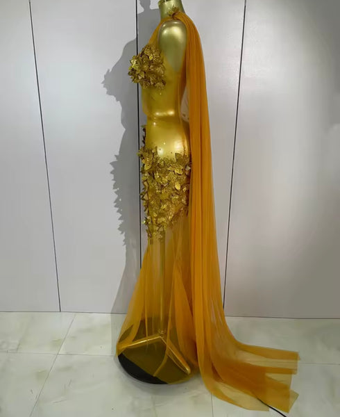 Women Sexy One Shoulder Sleeveless 3D Floral Mesh Maxi Dress