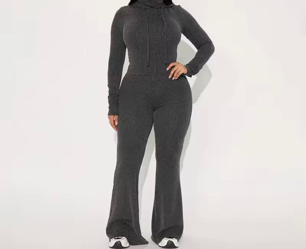 Women Fashion Hooded Ribbed Full Sleeve Two Piece Pant Set