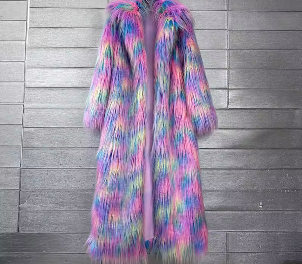 Women Fashion Multicolored Faux Fur Long Trench Jacket