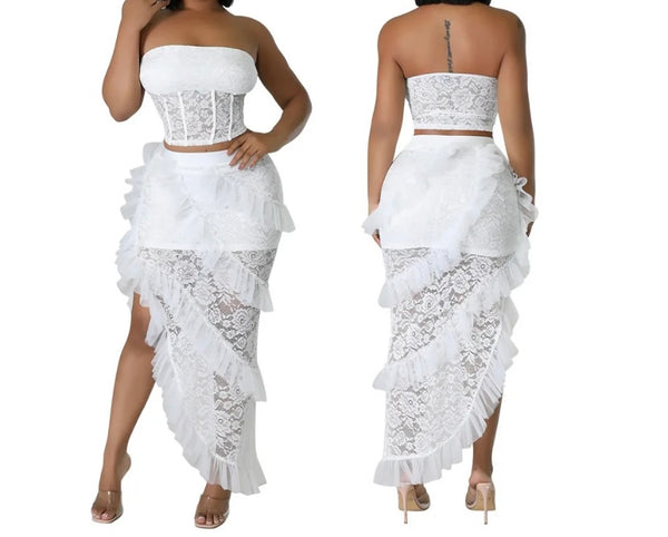 Women Lace Sexy Strapless Ruffled Two Piece Skirt Set