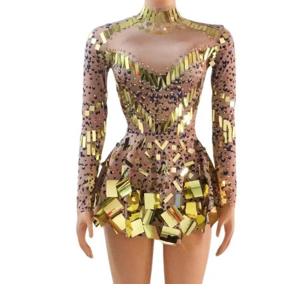 Women Sexy Mirror Patchwork Full Sleeve Short Dress