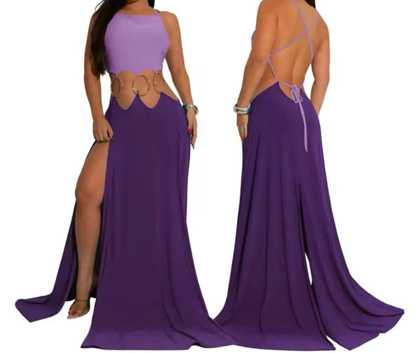 Women Sexy Sleeveless Color Patchwork Metal Cut Out Maxi Dress