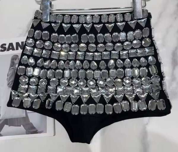 Women Fashion Black Crystal Patchwork Shorts