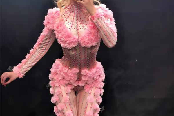 Women Sexy Floral Rhinestone Mesh Full Sleeve Jumpsuit