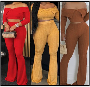 Women Ribbed Solid Color Off The Shoulder Full Sleeve Two Piece Pant Set