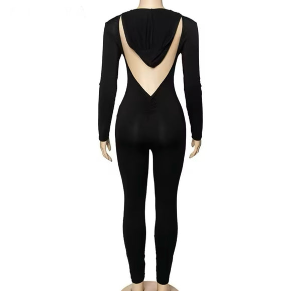 Women Sexy Black Hooded Open Back Full Sleeve Jumpsuit