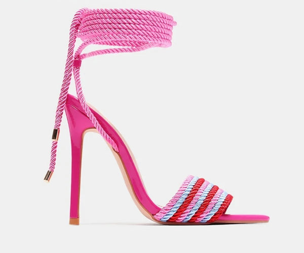 Women Color Striped Fashion Lace Up Sandals