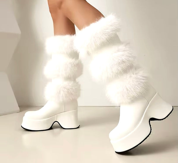 Women Fashion Platform Fur Patchwork Knee High Boots