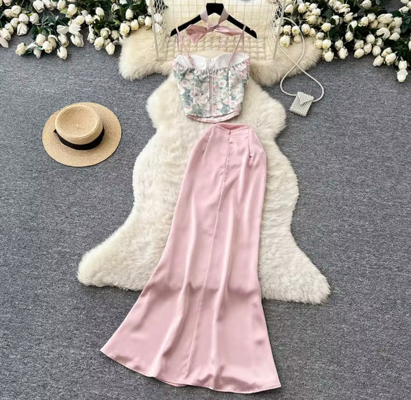Women Bow Floral Sleeveless Two Piece Maxi Skirt Set