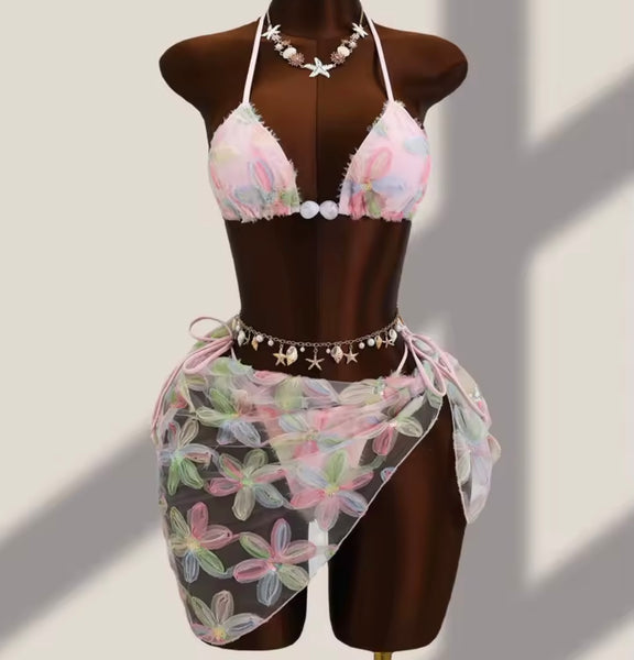 Women Sexy Floral Bikini Mesh Cover Up Set