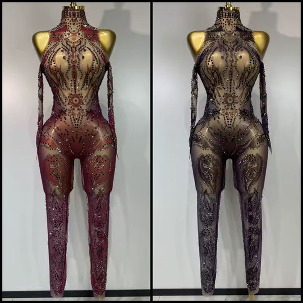 Women Color Rhinestone Mesh Full Sleeve Jumpsuit