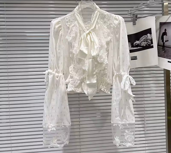 Women White Lace Mesh Full Sleeve Bling Two Piece Maxi Skirt Set