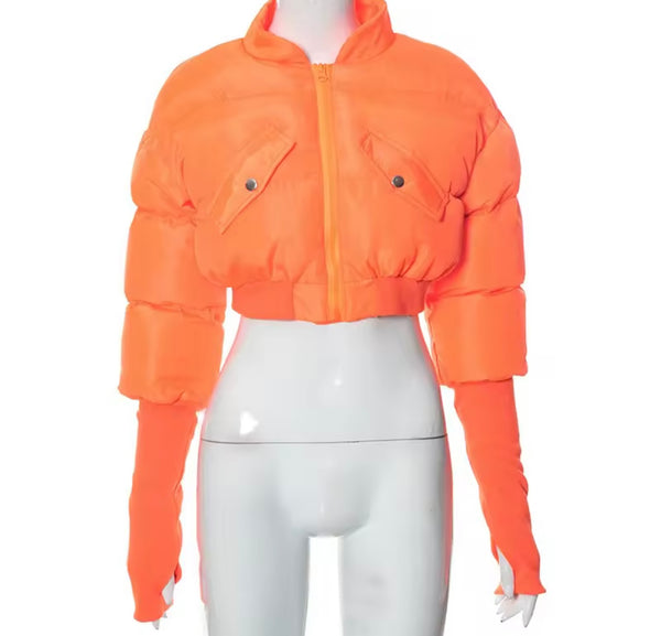 Women Color Fashion Puff Crop Jacket