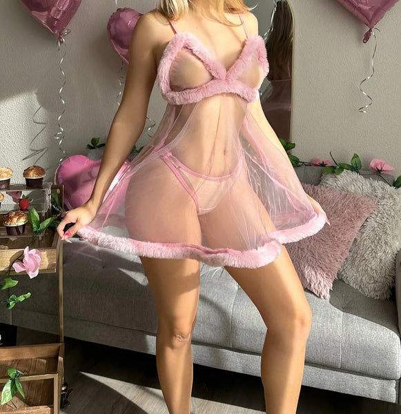 Women Sexy Sleeveless Pink Faux Fur Patchwork Mesh Lingerie Set