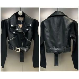 Women Black Faux Leather Patchwork Belted Jacket