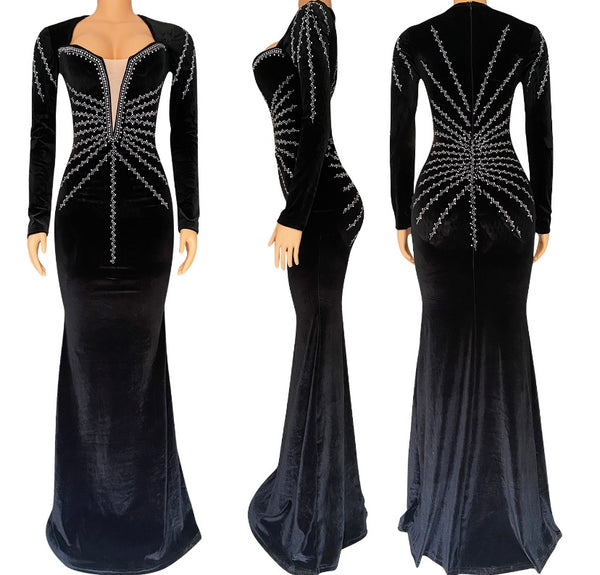 Women Full Sleeve Bling Mesh Patchwork Velour Maxi Dress