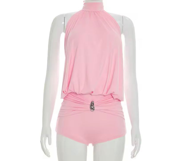 Women Sexy Halter Open Back Sleeveless Ruched Romper