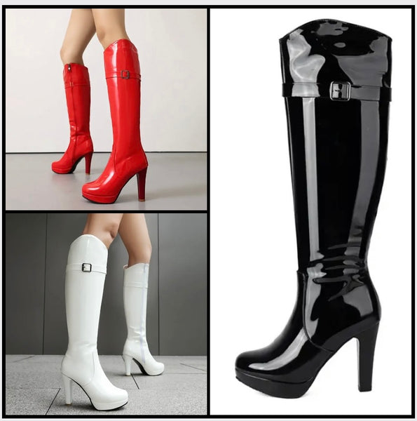 Women Fashion Round Toe Patent Leather Platform Knee High Boots