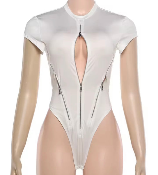 Women Sexy Fashion Silver Zipper Short Sleeve Bodysuit Top