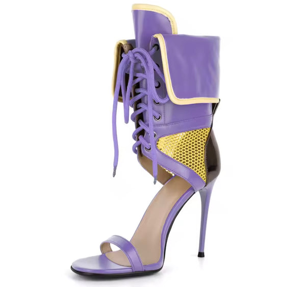 Women Fashion Open Toe Color Patchwork Tie Up High Heel Ankle Boots