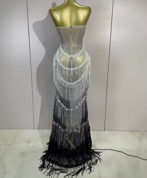 Women Sexy Rhinestone Mesh Strapless Gradient Fringe Tassel Dress