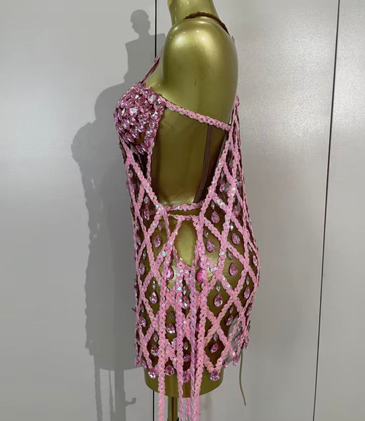 Women Halter Corset Sequins Crystal Tassel Two Piece Dress Set
