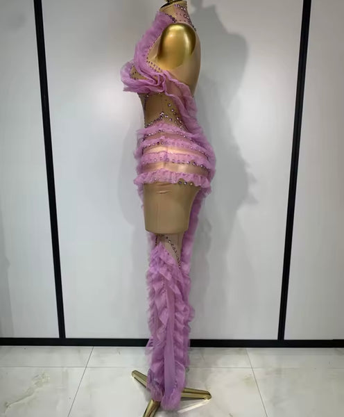 Women Sexy Sleeveless Color Rhinestone Ruffled Mesh Maxi Dress