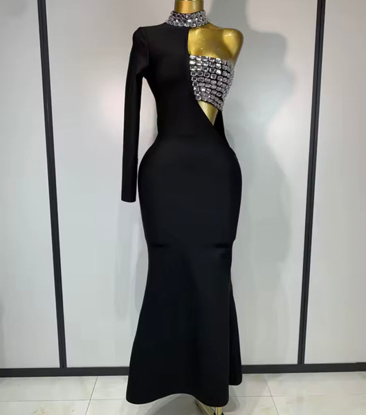 Women Black Sexy Rhinestone One Shoulder Full Sleeve Maxi Dress