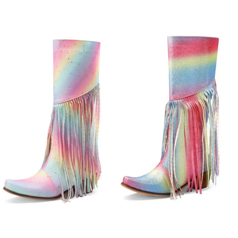 Women Fashion Rainbow Tassel Western Boots