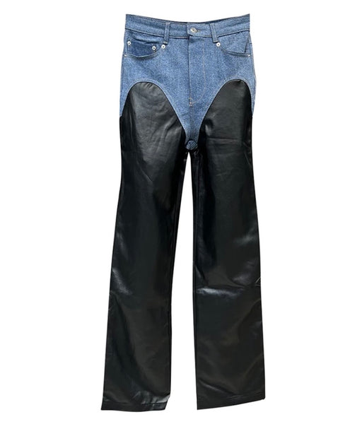 Women Fashion Faux Leather Denim Patchwork Pants