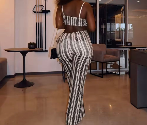 Women Sexy Sleeveless Knitted Striped Two Piece Pant Set
