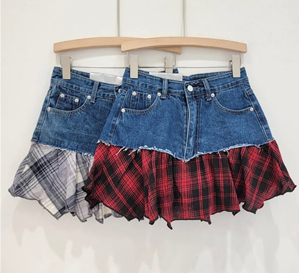 Women Sexy Fashion Color Plaid Denim Skirt