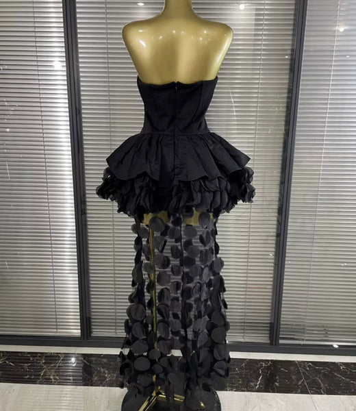 Women Sexy Strapless Ruffle Floral Mesh Patchwork Maxi Dress