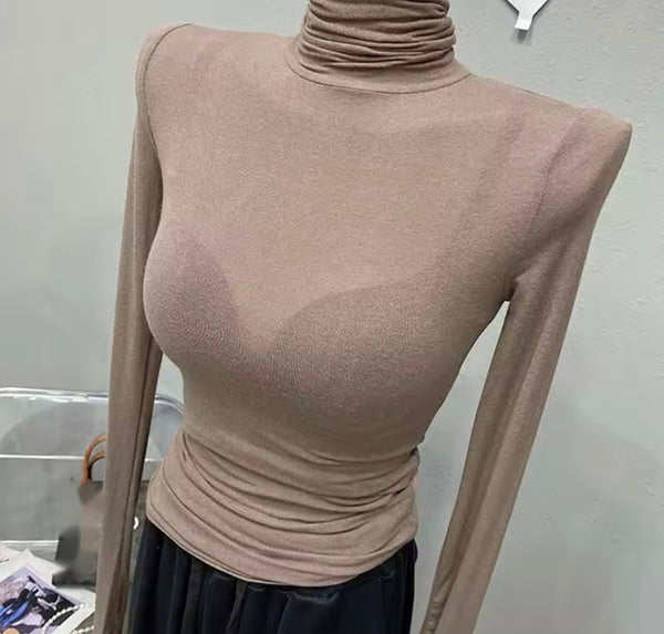 Women Fashion Turtleneck Full Sleeve Mesh Top