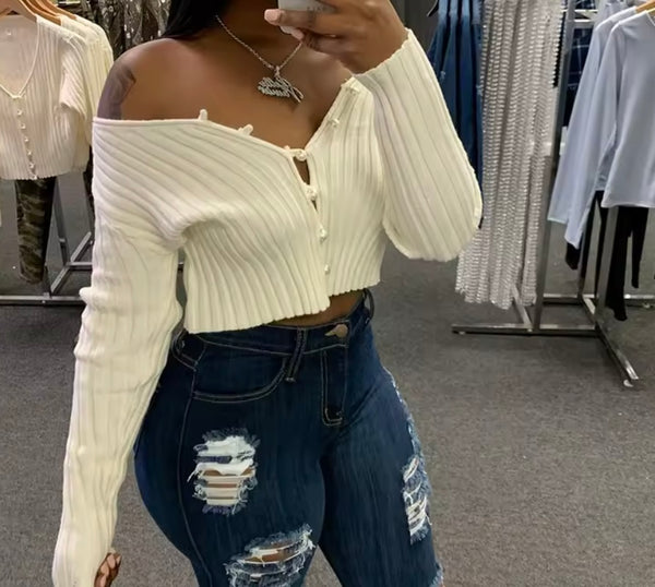 Women Pearl Button Up Ribbed Full Sleeve Fashion Crop Top