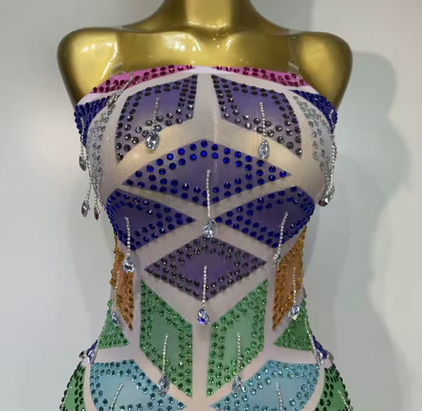Women Sexy Strapless Colorful Crystal Mesh Dress