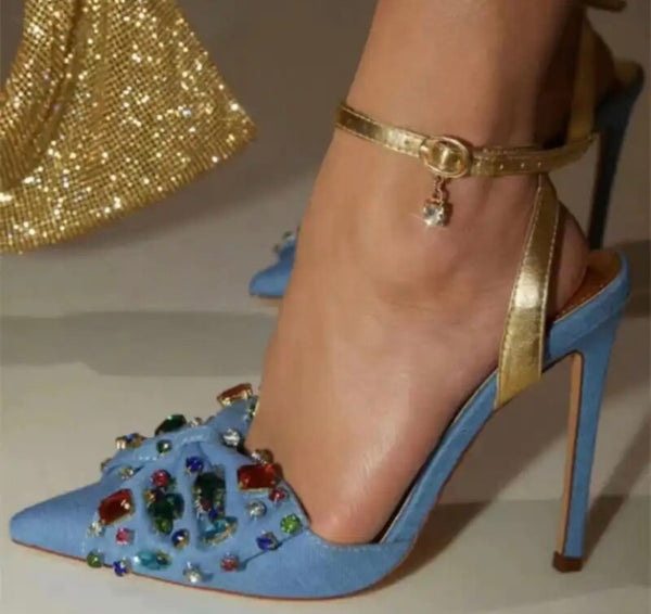 Women Fashion Color Crystal Denim Gold Strap High Heels