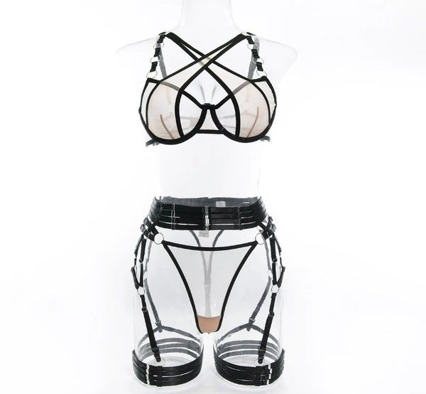 Women Sexy Criss Cross Mesh Lingerie Set