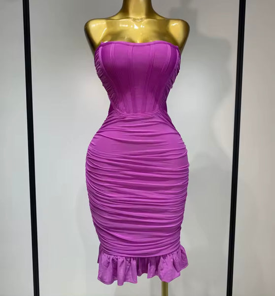 Women Sexy Strapless Open Back Ruched Ruffled Dress