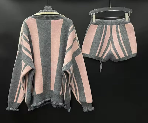 Women Number Print Striped Full Sleeve Two Piece Short Set
