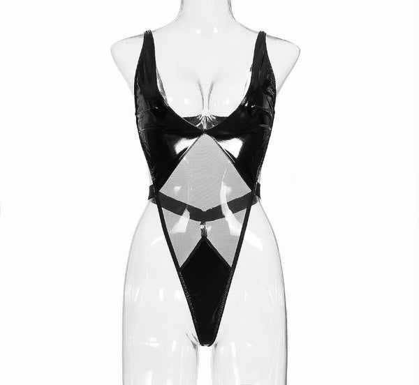 Women Sexy Sleeveless PU Mesh Black Bodysuit Lingerie