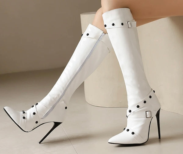 Women Color Buckled Fashion High Heel Knee High Boots