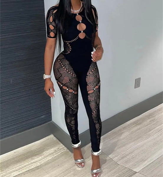 Women Sexy Short Sleeve Lace Bling Patchwork Jumpsuit