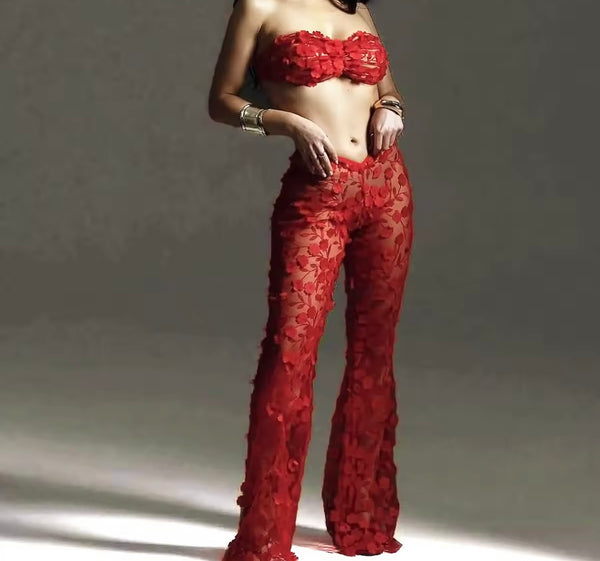Women Red Sexy Strapless Floral Mesh Three Piece Lingerie Set