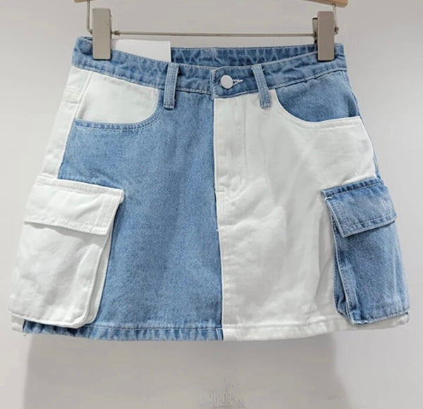 Women Fashion Color Patchwork Pocket Denim Skirt
